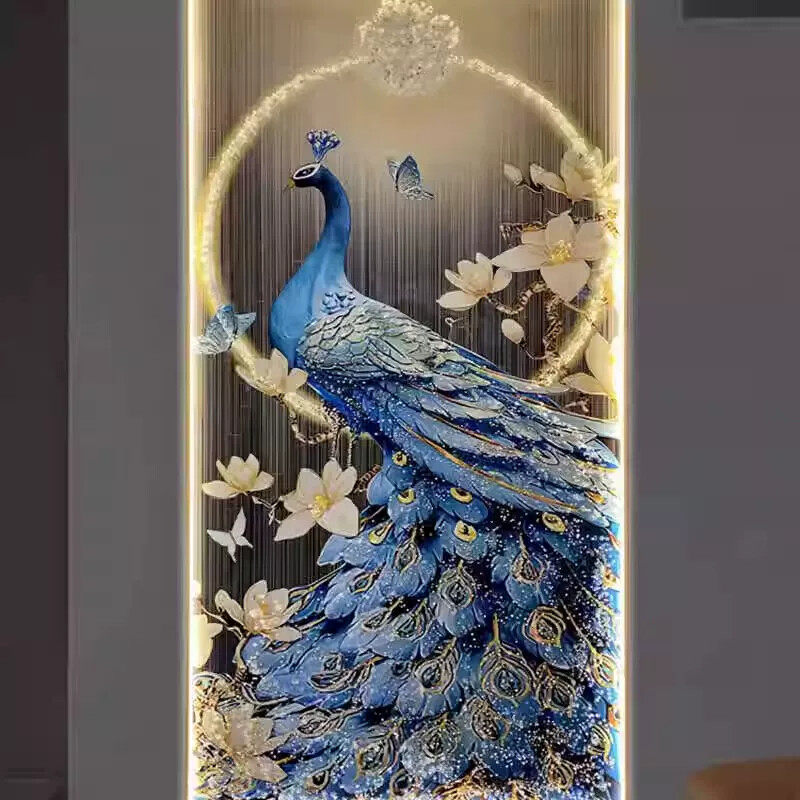 晶瓷镶钻装饰画客厅孔雀玄关过道走廊挂画新中式高档壁画led灯画