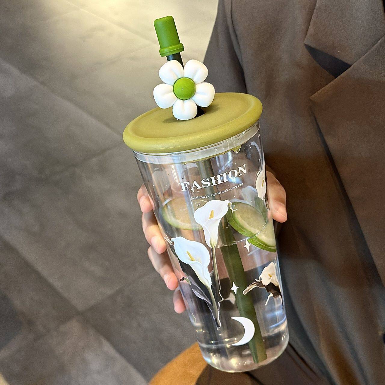 杯子ins高颜值女生大容量耐高温塑料主播便携吸管杯子花朵喝水杯