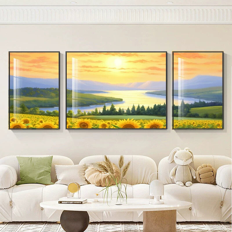 奶油风向日葵装饰画现代简约客厅沙发背景挂画山水风景三联画
