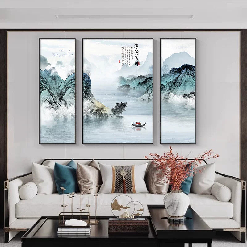 中堂画客厅流水生财挂画新中式农村堂屋大气山水装饰画三联壁画