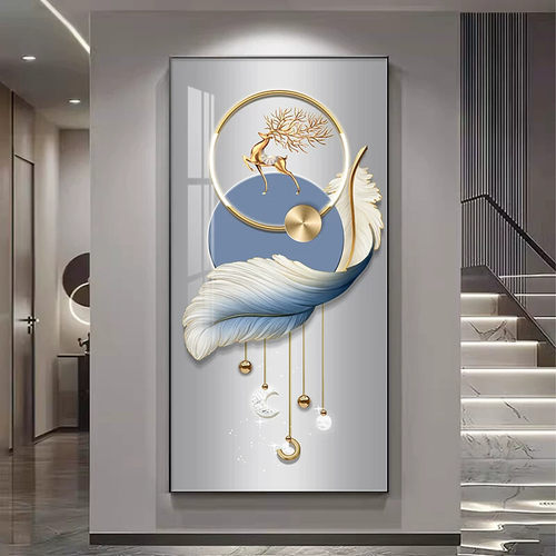 现代简约玄关装饰画蓝色羽毛入户走廊过道背景墙挂画竖版玄幻壁画