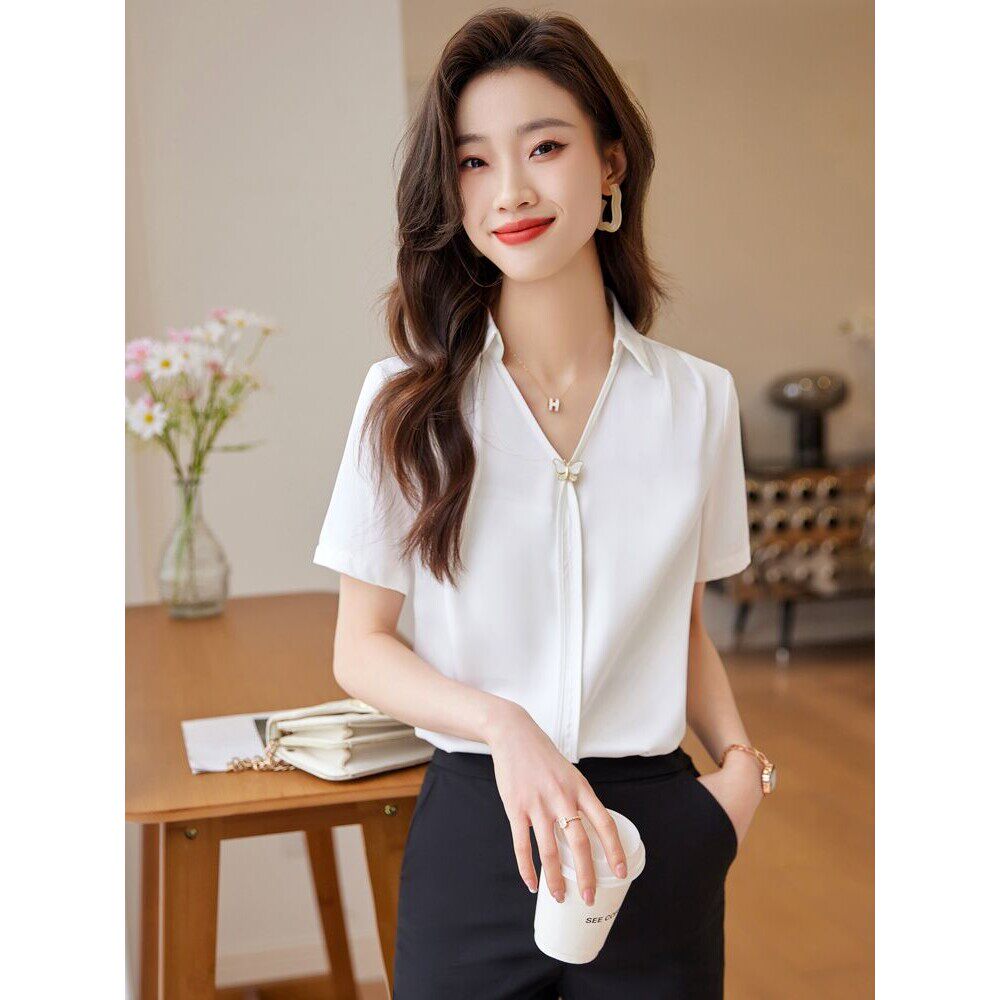 白色短袖雪纺衬衫女设计感小众夏季薄款时尚轻奢洋气职业衬衣上衣