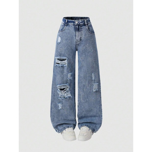 L 75527 Ripped Wide Leg Pants 破洞阔腿女裤跨境速卖通亚马