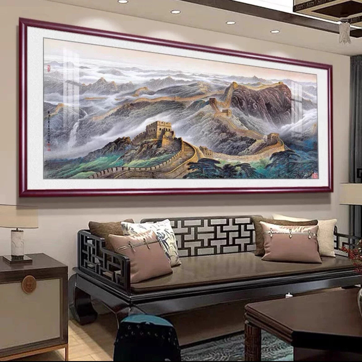 国画实木玻璃客厅装饰画沙发背景墙壁画中式山水画办公室字画挂画