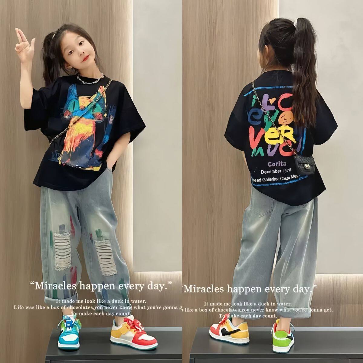 女童夏季套装超好看女大童纯棉个性涂鸦短袖T恤破洞牛仔裤两件套
