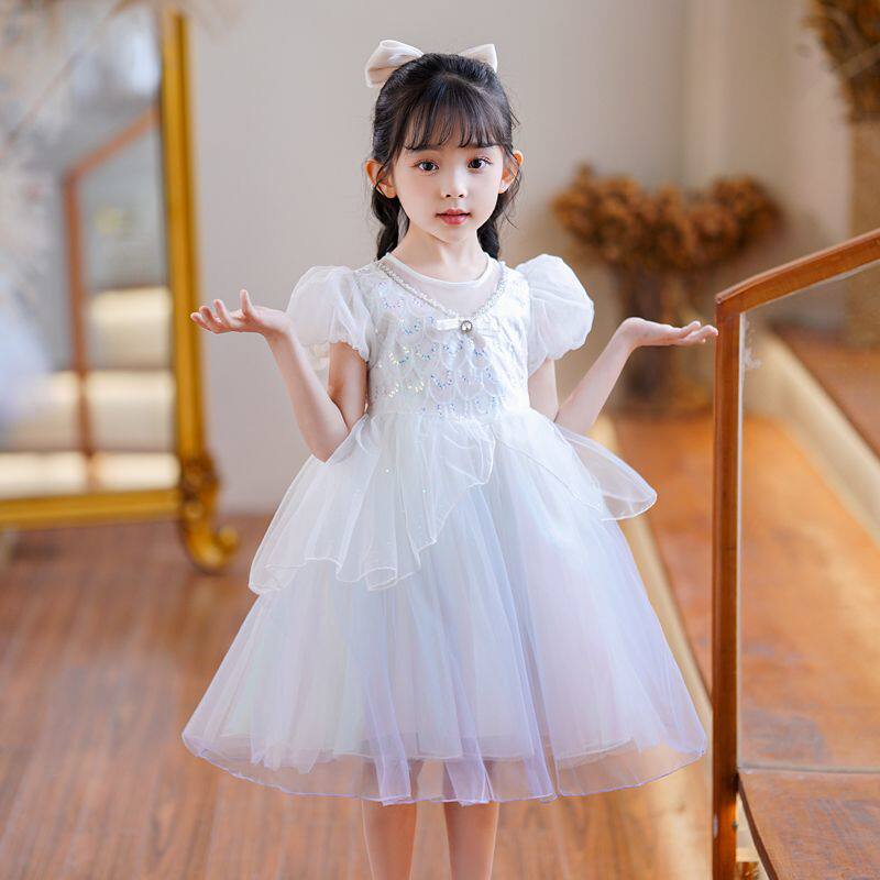 女童连衣裙春夏款花童蕾丝白纱礼服裙儿童六一演出红色公主裙