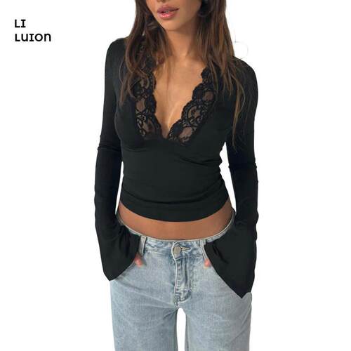 Womens Fall Lace V Neck Tops Lace Trim Deep V Neck Bell