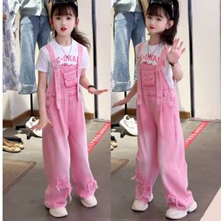 女童牛仔背带裤套装春秋2025新款洋气网红夏装宽松炸街中大童裤子