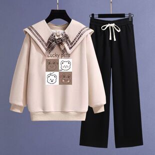 春秋初中高中学生运动服套装女春秋款娃娃领卫衣牛仔裤大童两件套