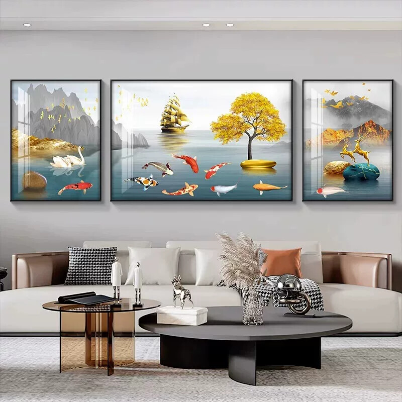 九鱼图客厅装饰画2023新款大气沙发背景墙挂画现代简约三联画壁画