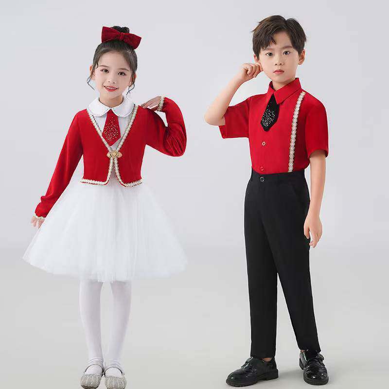 儿童演出服男女童合唱服小学生国庆节诗朗诵表演服装红色礼服学校