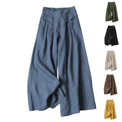 Womens Cotton Linen Culottes Pants Elastic Waist Wide Leg