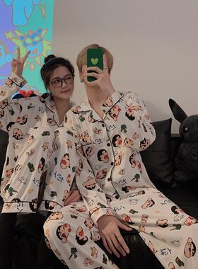 2024网红蜡笔小新大码情侣睡衣女秋冬长袖ins学生男胖mm200斤可穿