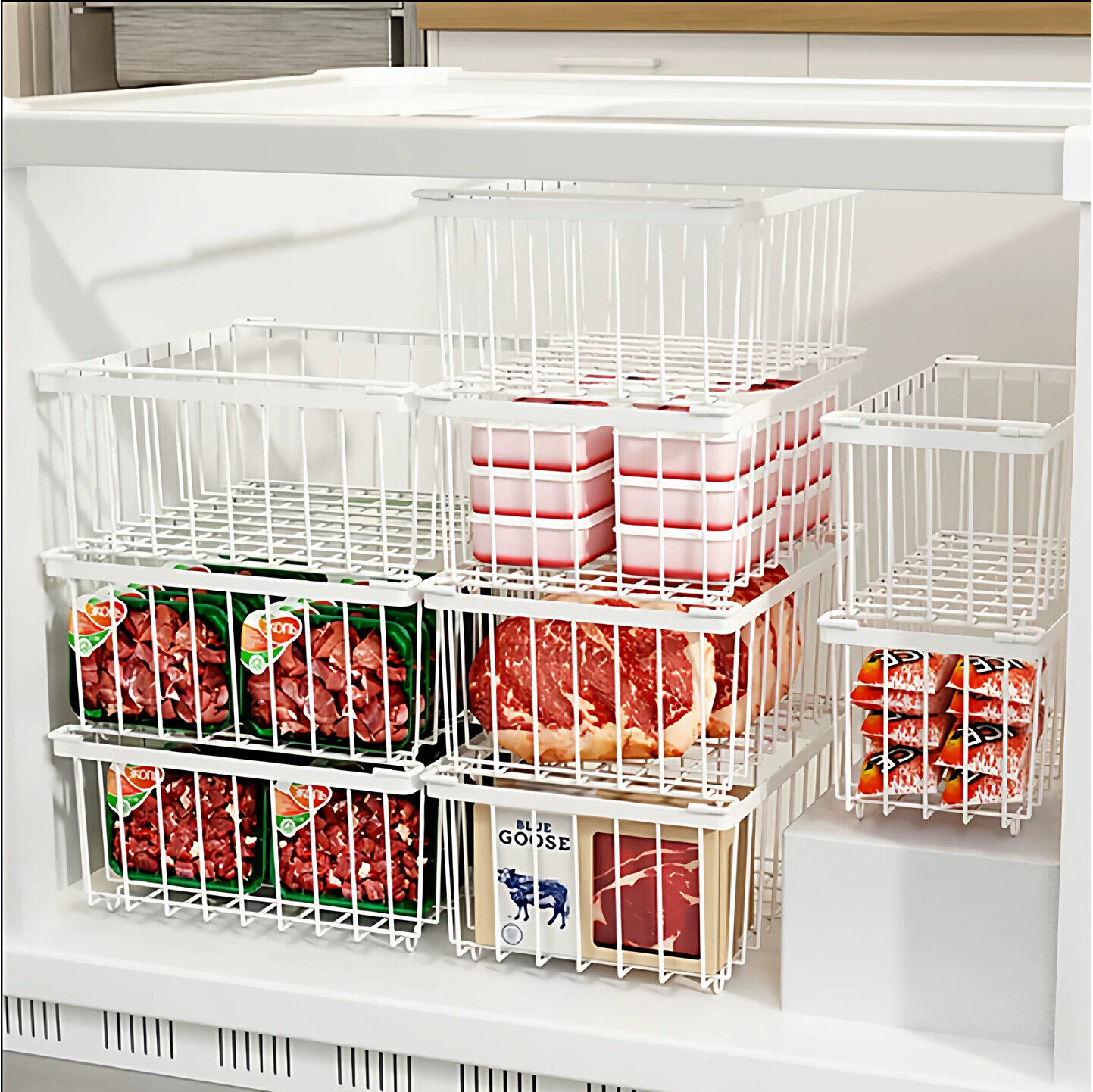 冰柜内部整理神器冷柜叠加置物架筐子吊篮分隔框网篮架子冰箱挂筐
