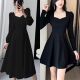 收腰连衣裙长袖 2025显瘦黑色方领新款 气质小黑裙高级 法式 微胖大码
