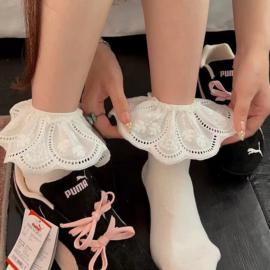 白色蕾丝花边袜子女春夏款芭蕾风配德训鞋ins韩系洛丽塔中筒短袜