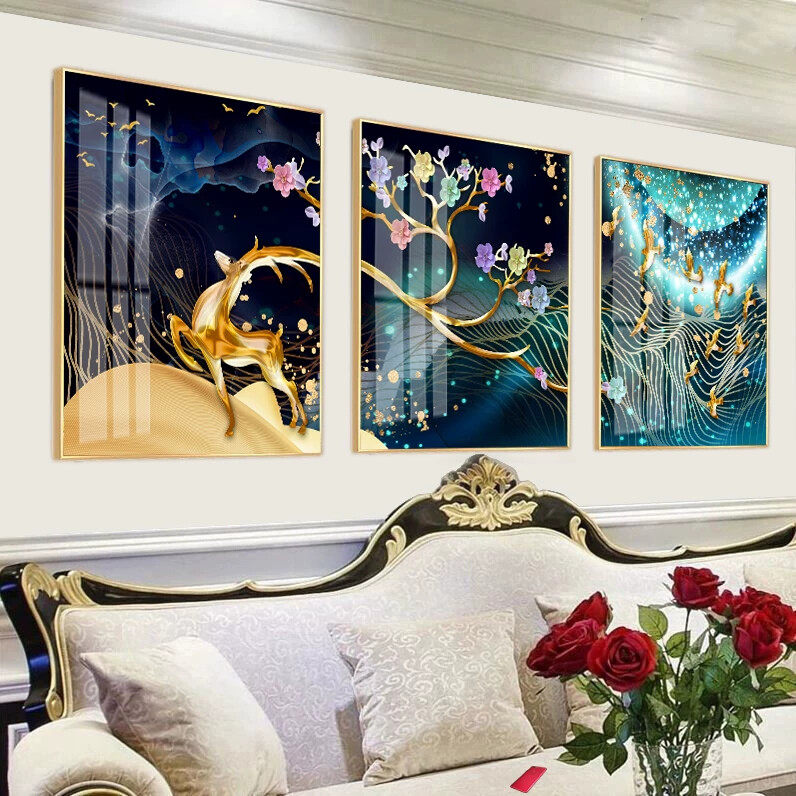 客厅装饰画现代简约沙发背景墙挂画金属有框画电视背景装饰三联画