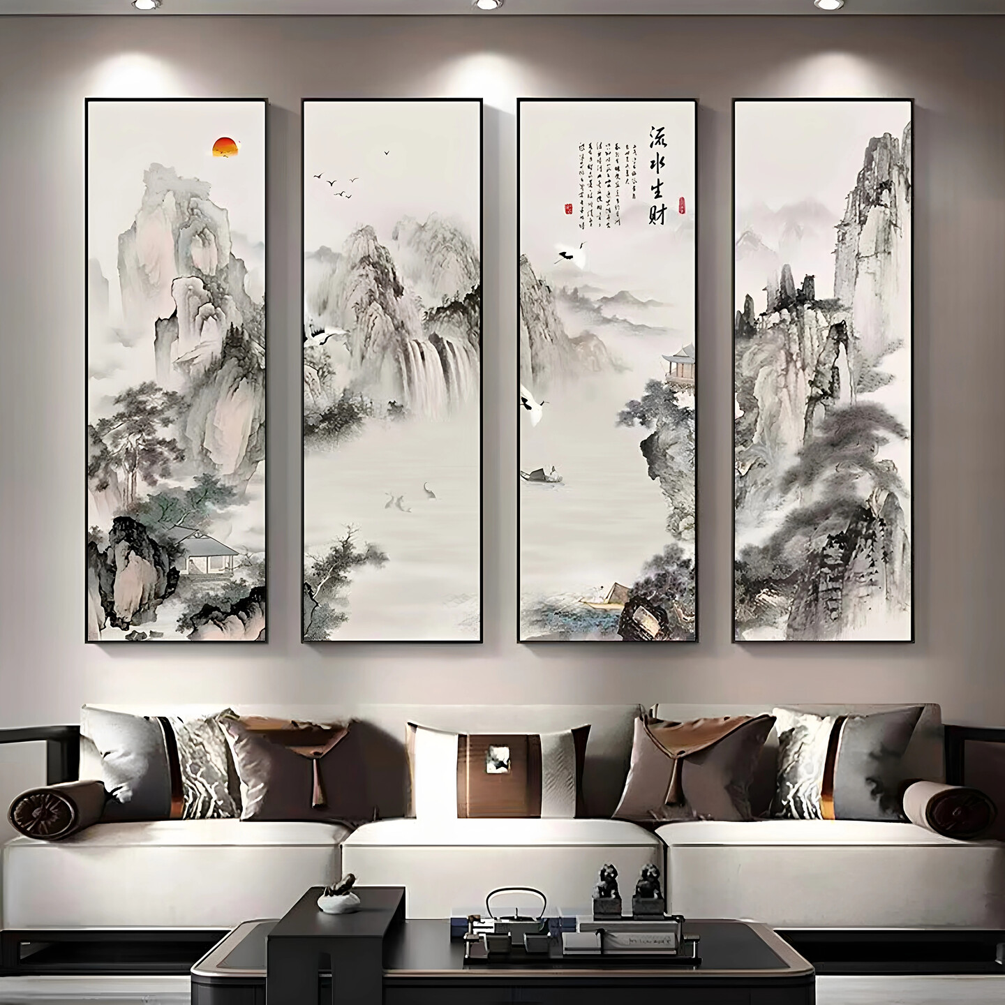 山水画新中式流水生财客厅沙发背景墙壁装饰画办公室靠山图四联画
