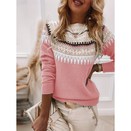 N 65684 Women's crew neck color block loose sweater 女圆领拼