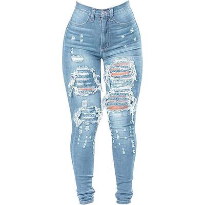 Womens High Waist Plus Size Destroyed Jeans Slim Skinny