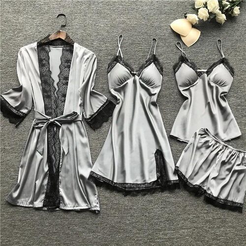 Lace Silk Pajamas Set Nightdress Sexy Lingerie Robe Women