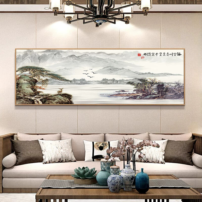 紫气东来山水靠山图装饰画办公室聚财挂画聚宝盆客厅沙发背景壁画