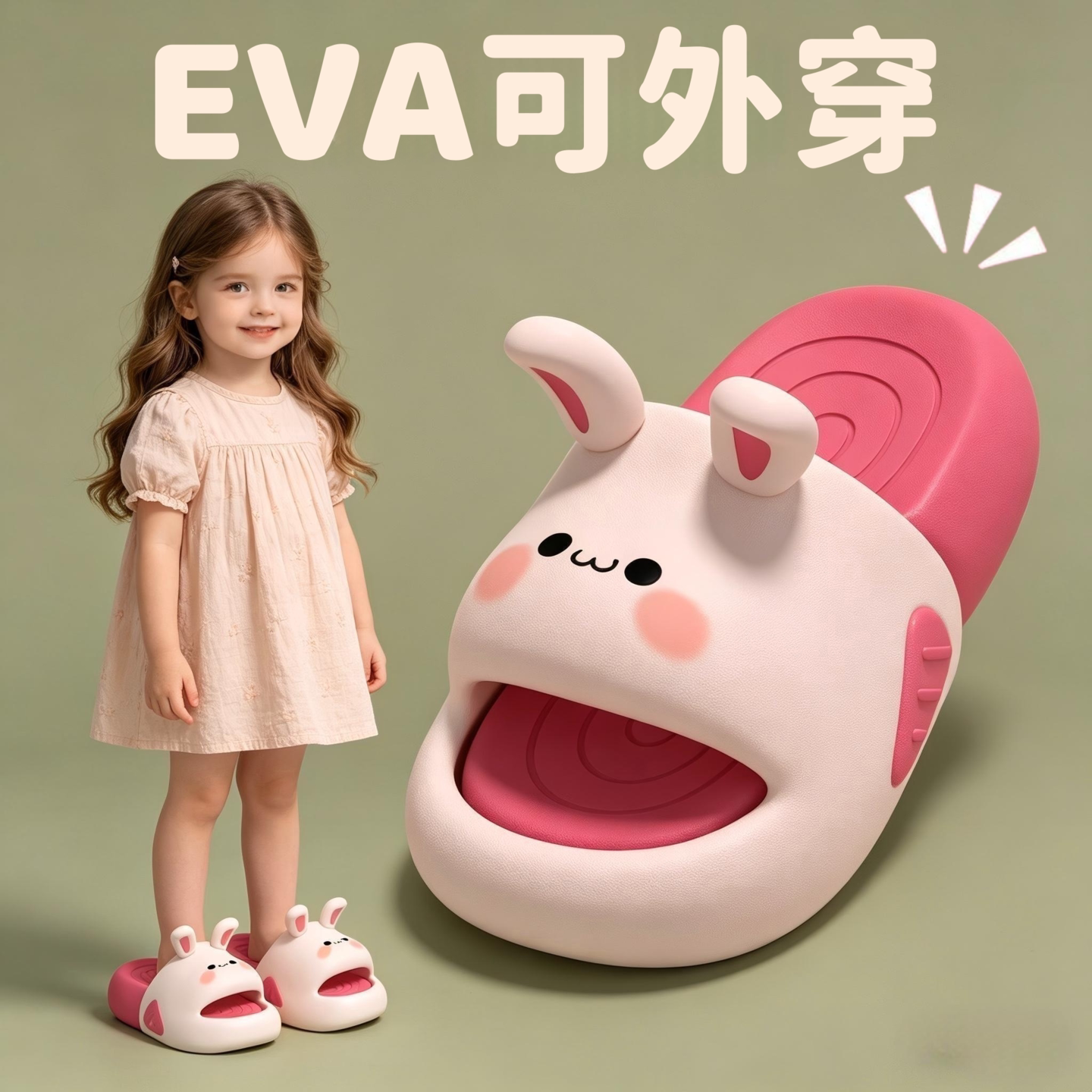 EVA可爱兔子儿童拖鞋居家外穿童鞋情侣亲子浴室洗澡防滑防臭拖鞋