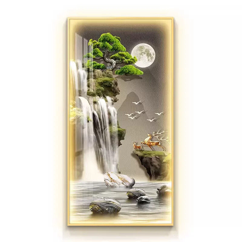 流水生财山水画玄关装饰画迎客松进门入户挂画带灯走廊过道壁灯画