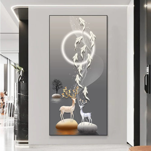 进门玄关装饰画轻奢高级感入户正对门挂画招财麋鹿过道走廊壁画