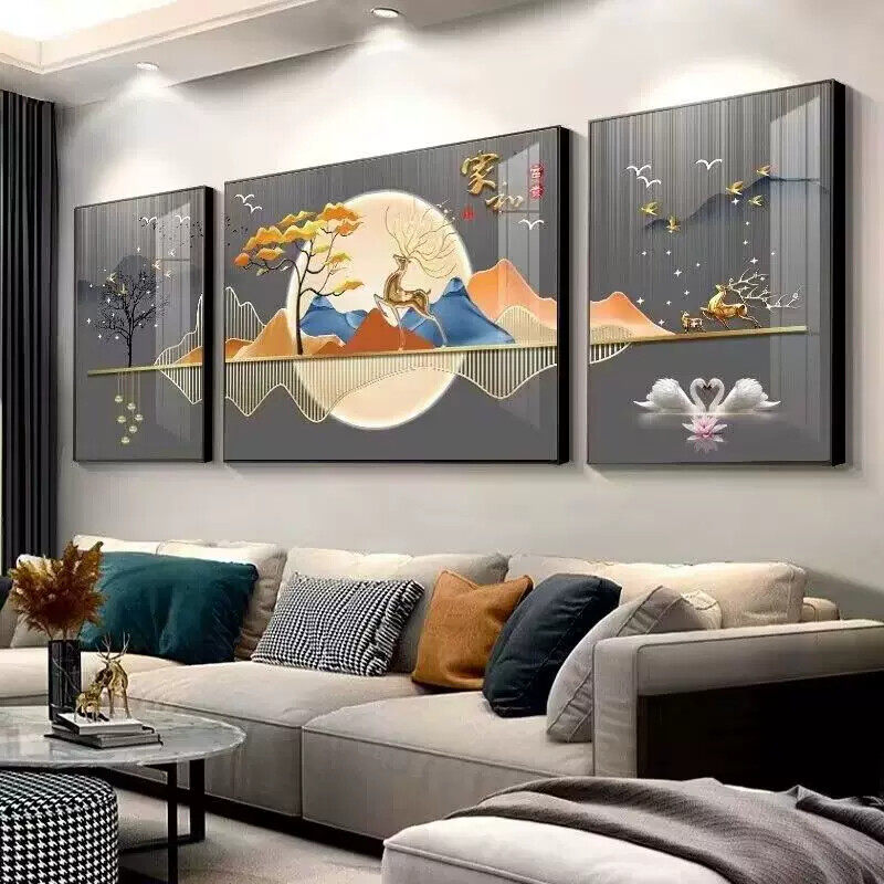 新款中式客厅装饰画沙发背景墙壁画轻奢三联挂画高端大气晶瓷镶钻
