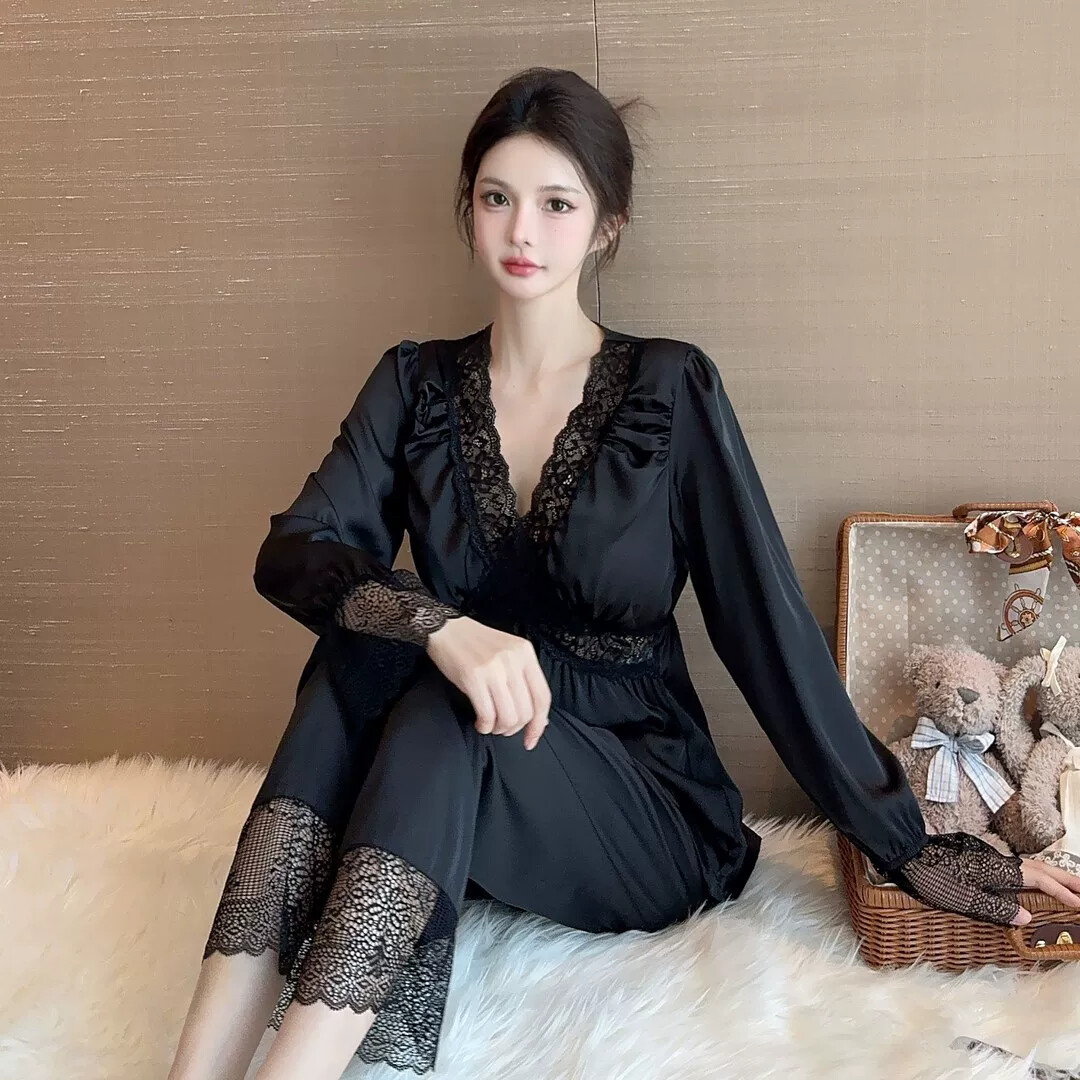 睡衣女春夏冰丝长袖性感蕾丝黑色薄款纯欲秋冬带胸垫金丝绒家居服