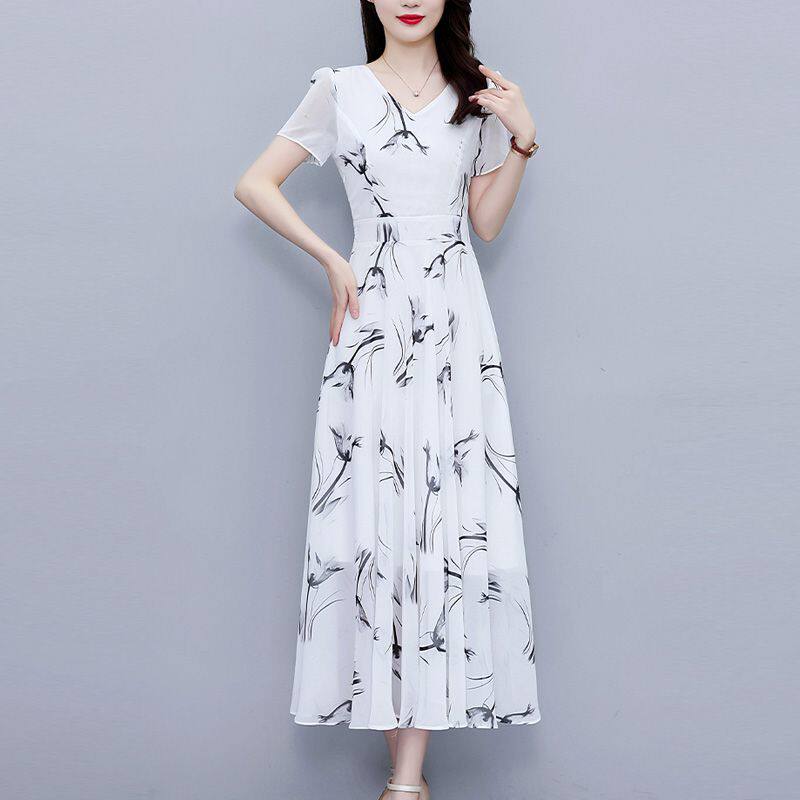 韩版雪纺连衣裙女夏季2025年新款碎花大摆裙气质收腰显瘦短袖长裙