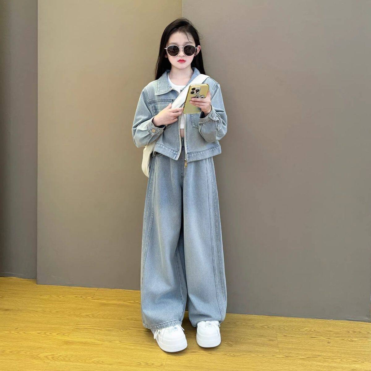 女童2026新款春秋季韩版时尚拉链牛仔外套洋气直筒牛仔裤套装潮酷