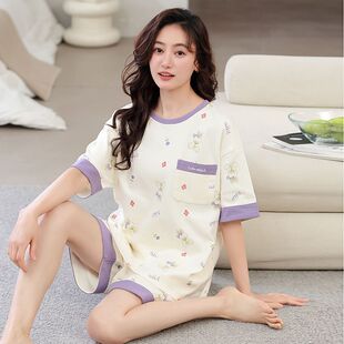 短裤 薄款 宽松全棉圆领可外穿家居服 简约短袖 南极人纯棉睡衣女夏季