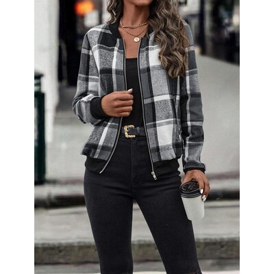 Womens Plaid Print Zip Up Bomber Jacket Casual Long Sleeve