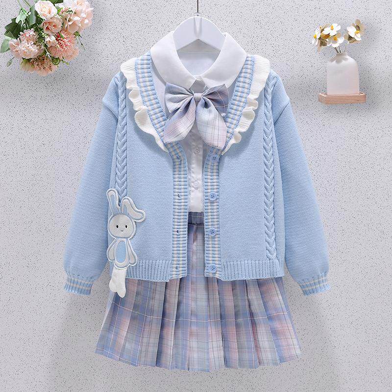 女童jk套装裙秋季新款女孩学院风中大童衬衫外套百褶裙三件套年货