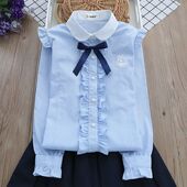 套装 衬衫 校服衬衣纯棉表演服 蕾丝花边蓝条纹小清新女童长袖 爆款