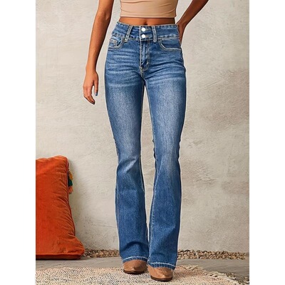 Womens Retro Stretch Bootcut Jeans MidRise Slash Pockets