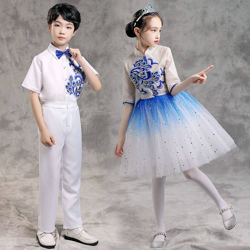 儿童演出服青花瓷表演服装中国风男女童蓬蓬裙中小学生大合唱服装