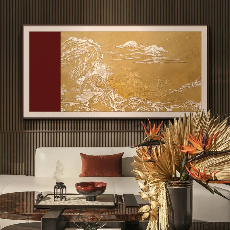 新中式沙发背景墙装饰画客厅高档大气挂画餐厅高级感立体浮雕画
