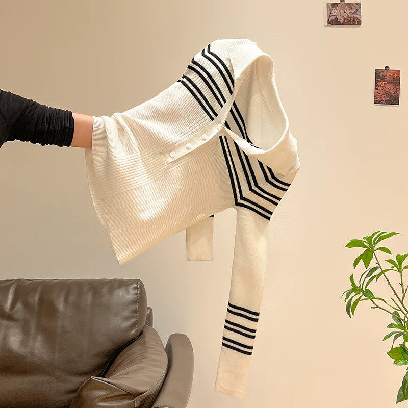 撞色条纹针织长袖T恤打底衫内搭女2026早春季新款半开领白色上衣