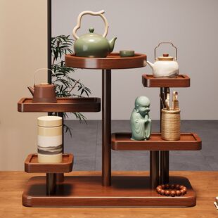 放在餐桌上的置物架实木新中式博古架桌上多层茶具紫砂壶摆放架子