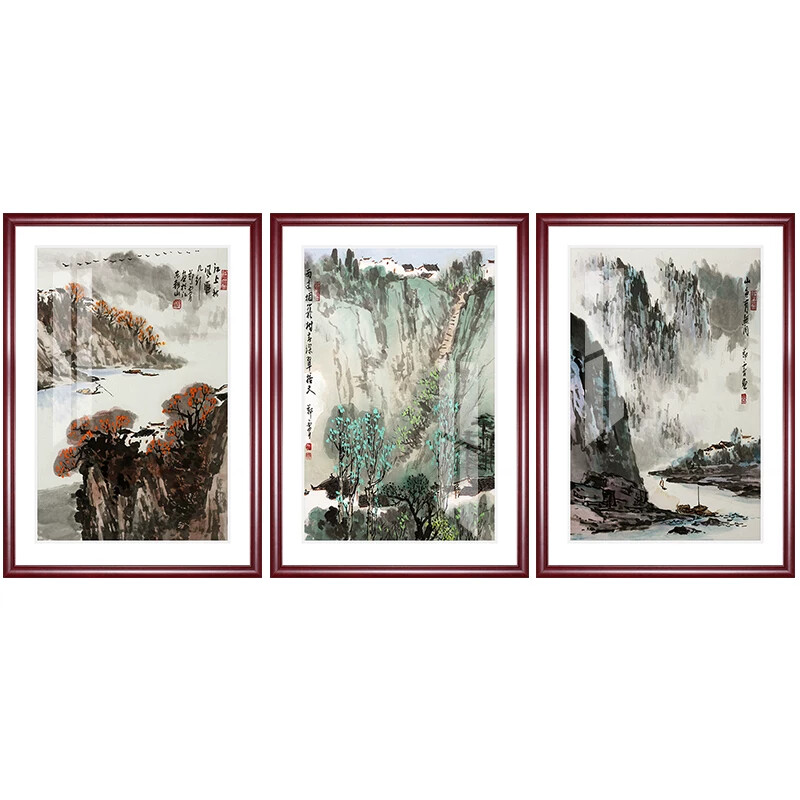 三联有框画中式风景山水画办公室教室书房现代客厅装饰墙挂画壁画