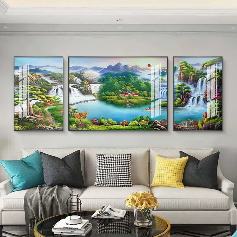 新中式客厅装饰画山水画招财沙发背景墙风景三联画聚宝盆卧室壁画