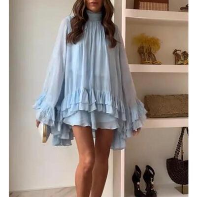 Cascading Ruffles Short Dresses Women Loose Blue Turtleneck