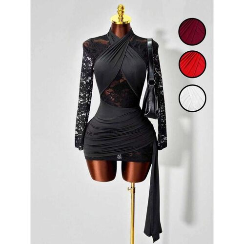Womens Halter Lace Long Sleeve Bodycon Dress Sexy Sheer