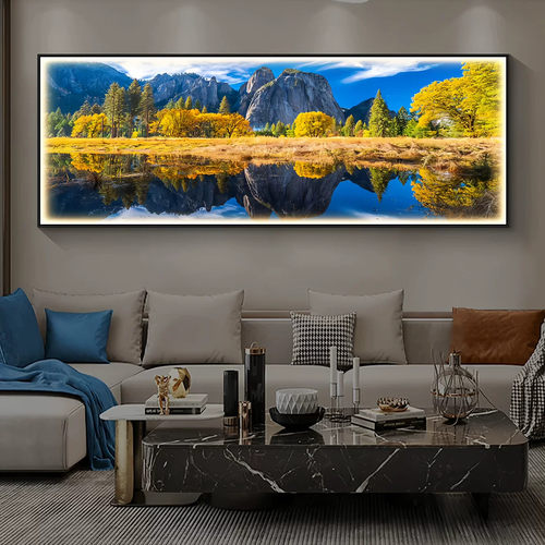 流水生财装饰画客厅带灯镶钻风景山水沙发背景墙挂画办公室壁画