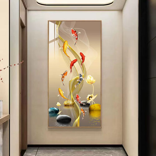 莲年有鱼入户玄关装饰画新中式客厅挂画荷花九鱼图走廊过道竖版画