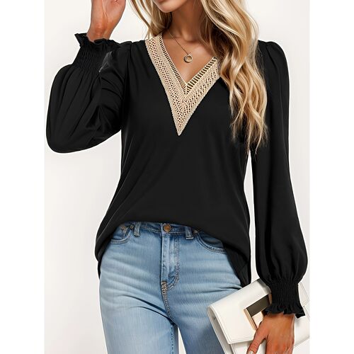C 15915 V-neck Lace Sleeve T-shirt 女士V领花边T恤 跨境供