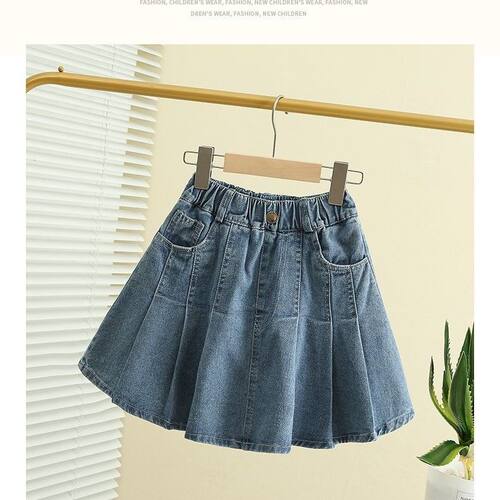 女童高腰牛仔裙夏季2025新款大童洋气百褶短裙儿童宽松时髦半身裙